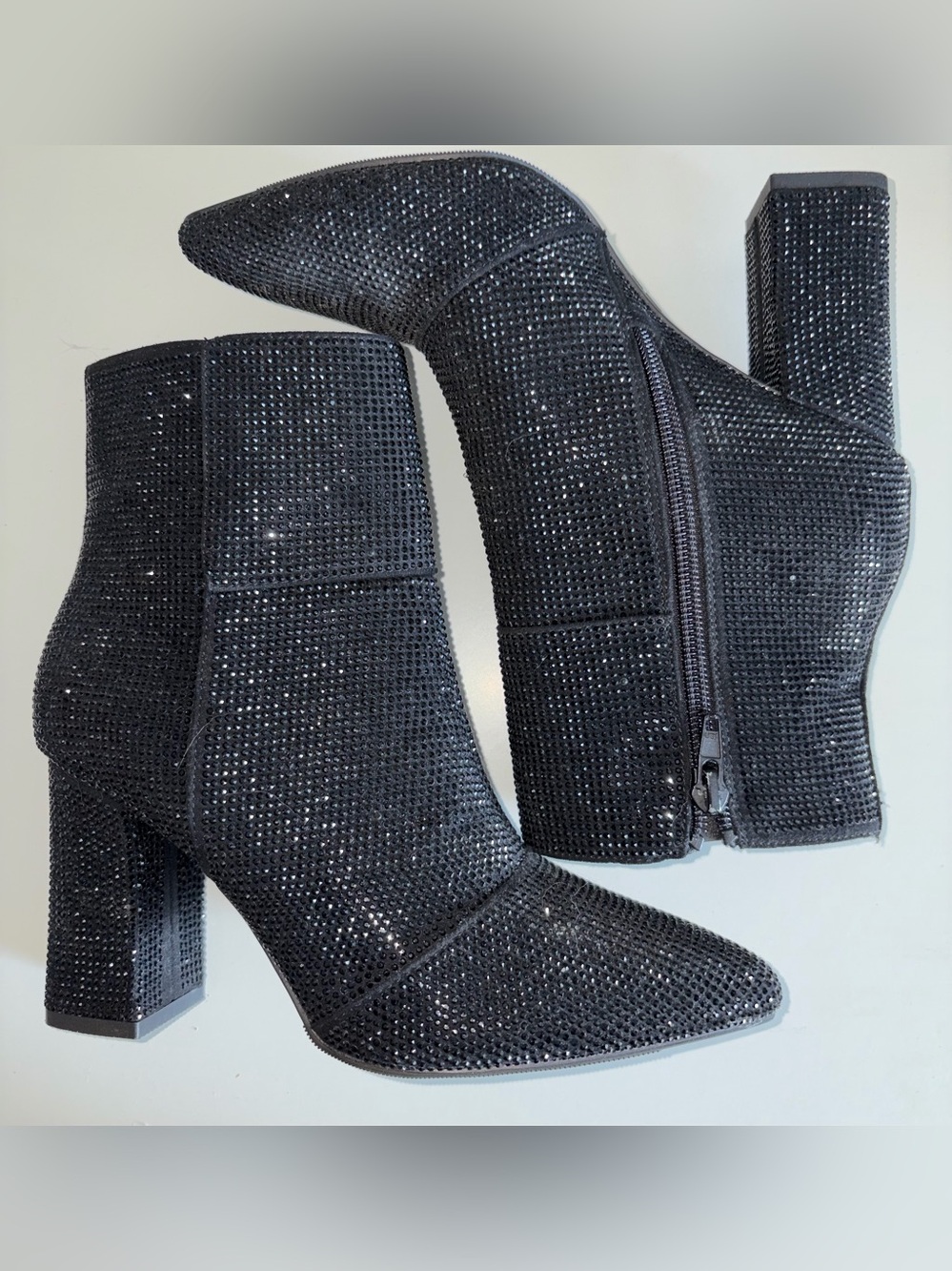 Black Crystal Embellished Block Heel Ankle Booties